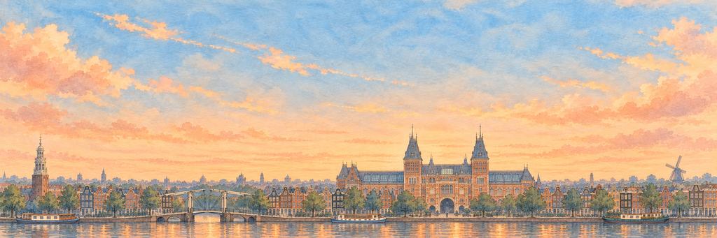 The Amsterdam skyline in ink and watercolour, as the game paints it