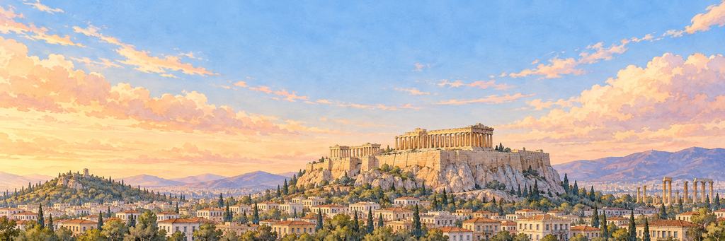 The Athens skyline in ink and watercolour, as the game paints it