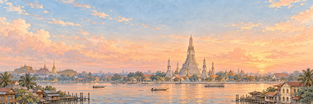 The Bangkok skyline in ink and watercolour, as the game paints it
