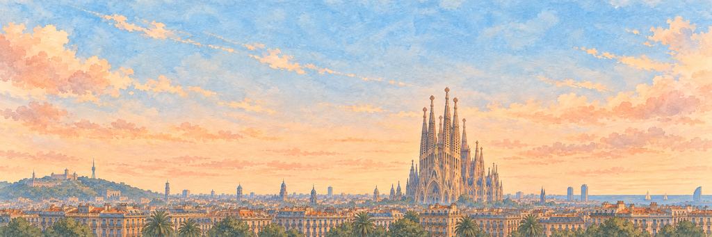 The Barcelona skyline in ink and watercolour, as the game paints it