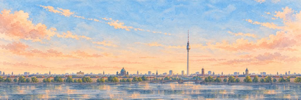 The Berlin skyline in ink and watercolour, as the game paints it