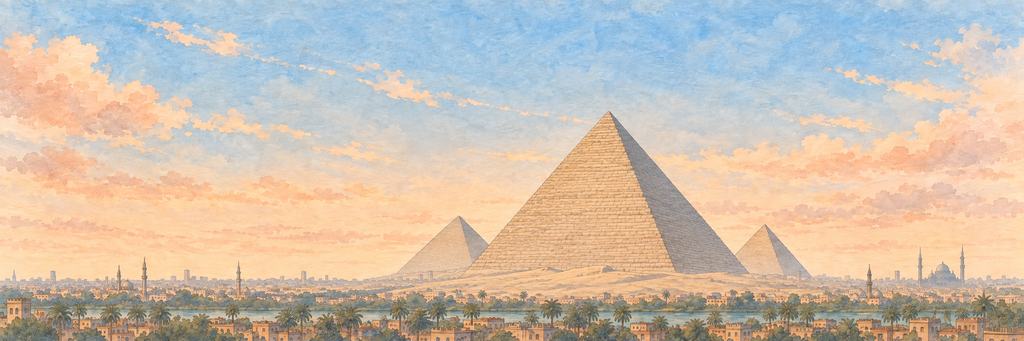 The Cairo skyline in ink and watercolour, as the game paints it