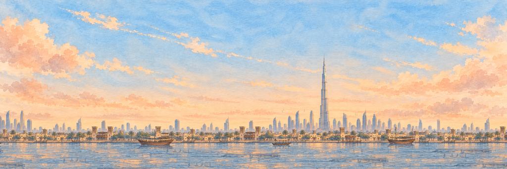The Dubai skyline in ink and watercolour, as the game paints it