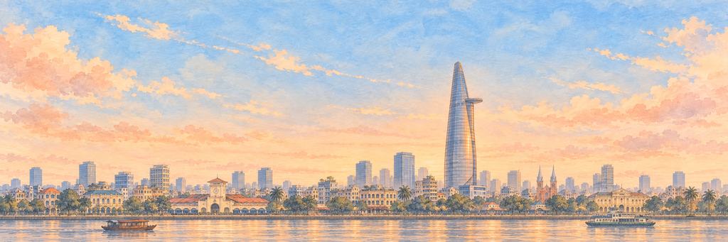 The Ho Chi Minh City skyline in ink and watercolour, as the game paints it