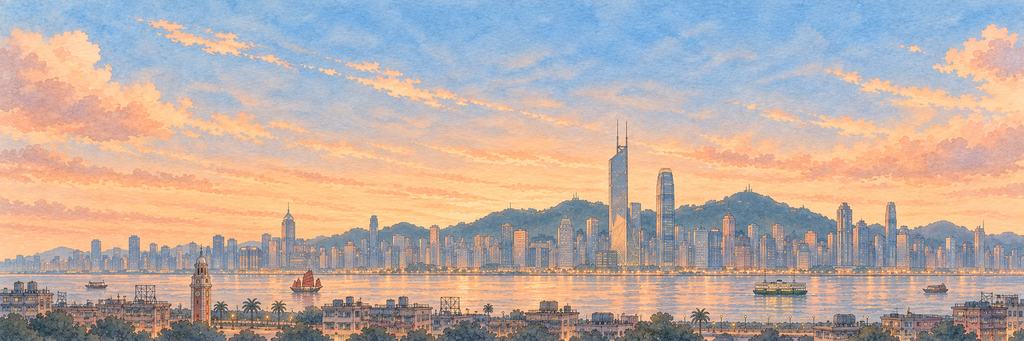 The Hong Kong skyline in ink and watercolour, as the game paints it