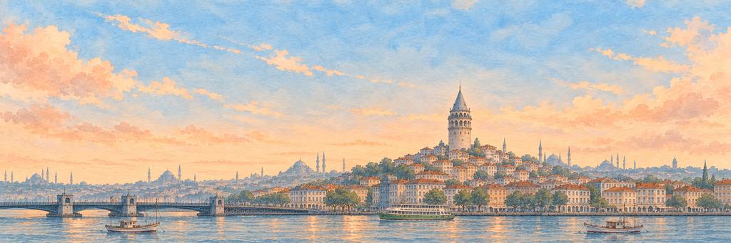 The Istanbul skyline in ink and watercolour, as the game paints it