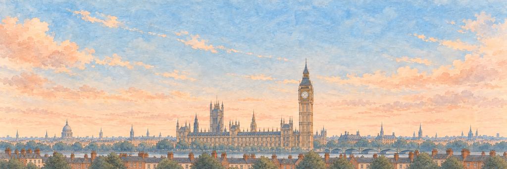 The London skyline in ink and watercolour, as the game paints it