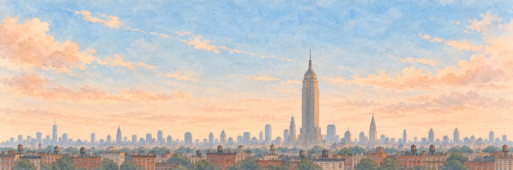 The New York skyline in ink and watercolour, as the game paints it