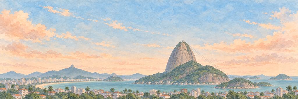 The Rio de Janeiro skyline in ink and watercolour, as the game paints it