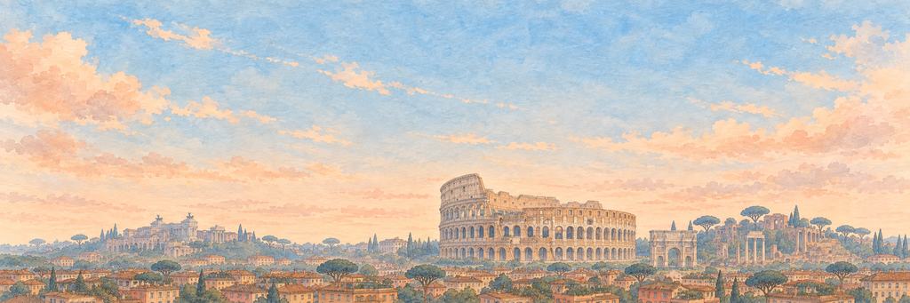 The Rome skyline in ink and watercolour, as the game paints it