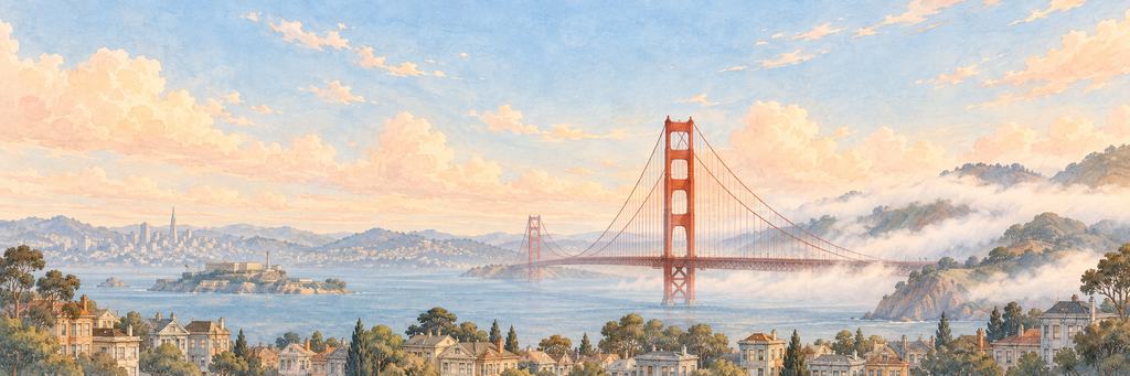 The San Francisco skyline in ink and watercolour, as the game paints it