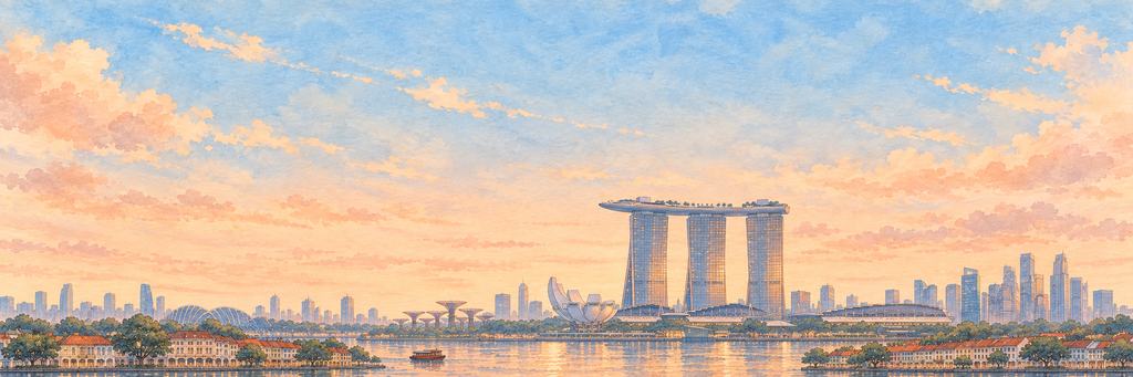 The Singapore skyline in ink and watercolour, as the game paints it