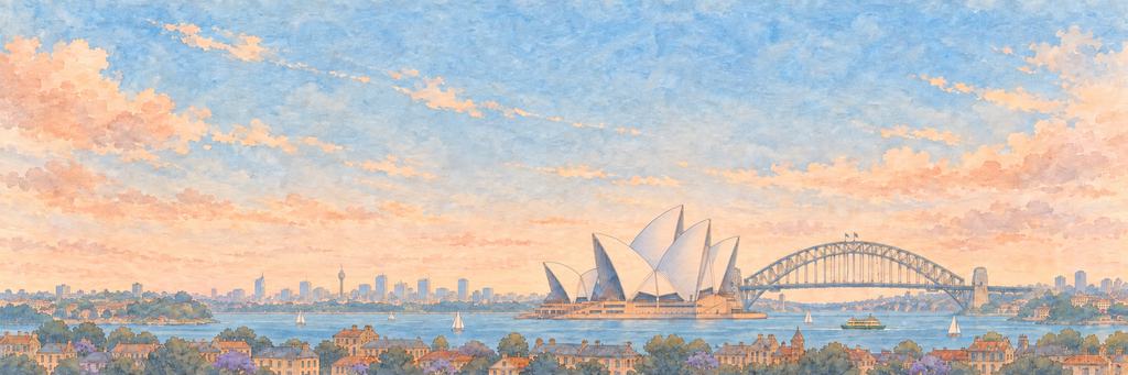 The Sydney skyline in ink and watercolour, as the game paints it