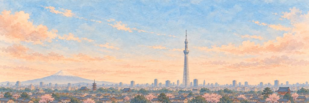 The Tokyo skyline in ink and watercolour, as the game paints it