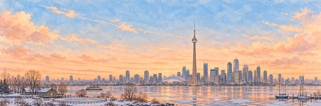 The Toronto skyline in ink and watercolour, as the game paints it