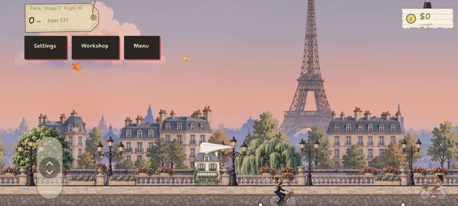 Paris at sunset before a throw: the paper plane on its launcher by the river, the Eiffel Tower behind, with Settings, Workshop and Menu buttons