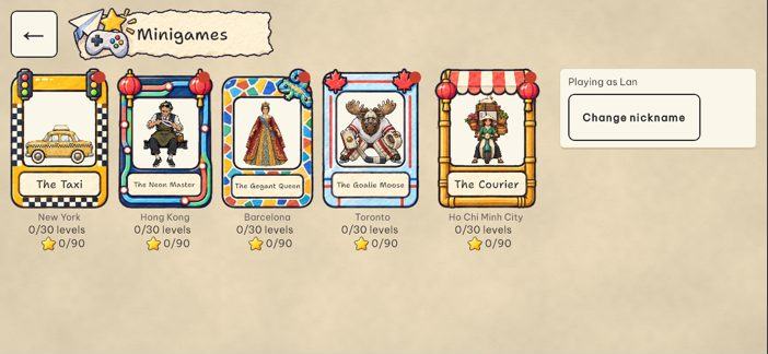 The Minigames page: five keeper cards, the Taxi, the Neon Master, the Gegant Queen, the Goalie Moose and the Courier, each with 30 levels and up to 90 stars