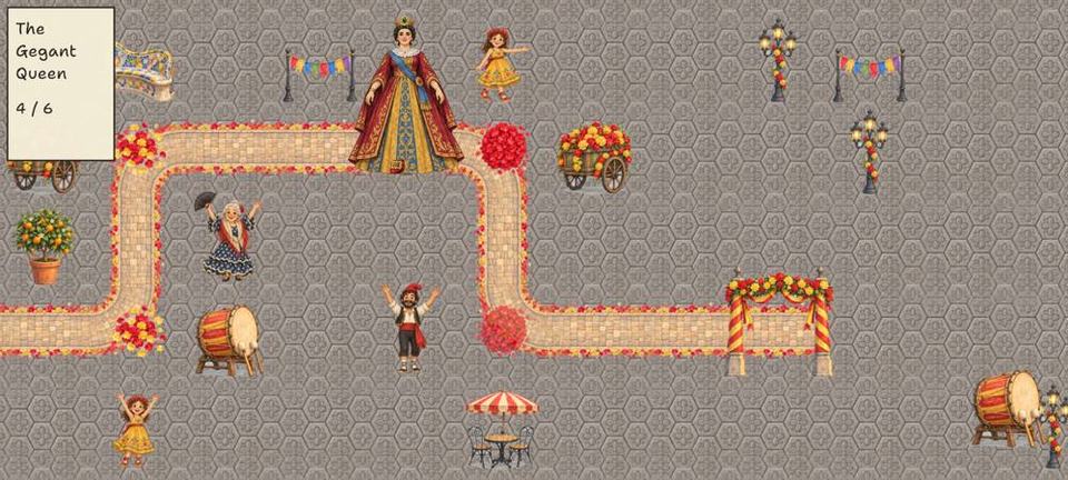 Parade Line: the Gegant Queen walks a flower-lined route with drums and cheering neighbours