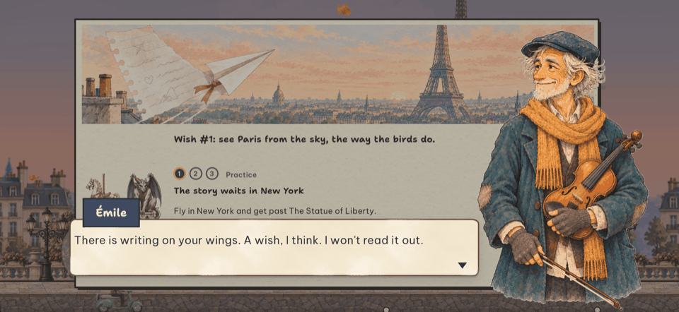 Émile, an old violinist in a scarf, talks over Paris's city card: “There is writing on your wings. A wish, I think.”