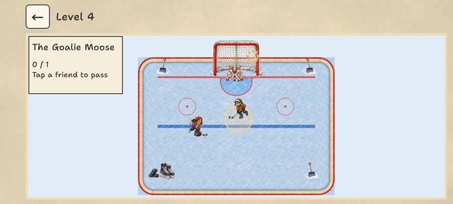 Rink Shootout: two skater kids with the puck and the Goalie Moose guarding the net