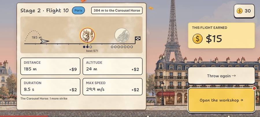 The landing card for Paris, Stage 2: distance, altitude, duration and top speed each pay coins, and the flight earned $15, beside an Open the workshop button