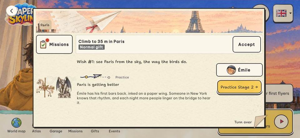 The Stage trail on a city card: a stop for each Stage, the plane on the current one and the waiting city in a picture
