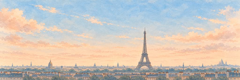 The Paris sky at sunset in ink and watercolour, with peach clouds over the rooftops and the Eiffel Tower
