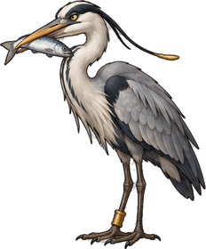 The Herring Heron, a grey heron with a herring in its bill