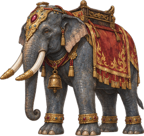 The War Elephant, in a red and gold saddle cloth, with gold tusk caps and a bell