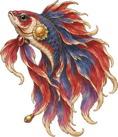 The Fighting Fish, red and blue, its long fins spread wide