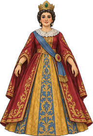 The Gegant Queen, a festival giant in a crown and a long red and gold gown
