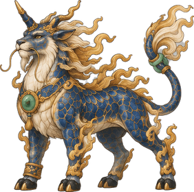 The Xiezhi, a one-horned blue and gold beast wreathed in flame