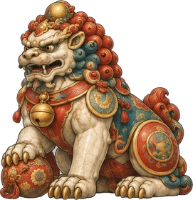 The Palace Lion, a red and gold guardian lion with a paw on a ball