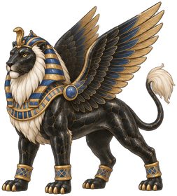 The Sphinx, a winged black lion in a pharaoh's headdress