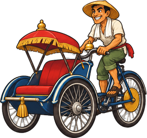 The Cyclo Racer, a grinning rider pedalling a red-canopied cyclo