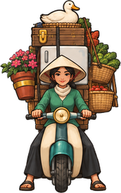 The Courier, a scooter rider in a conical hat, the whole market stacked behind her