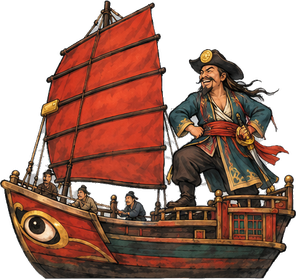 The Pearl River Pirate, standing on the deck of his red-sailed junk