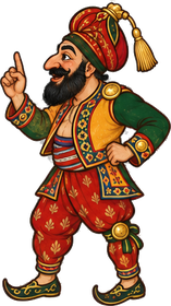 Karagöz, the shadow-theatre hero in a red turban and striped trousers, one finger raised