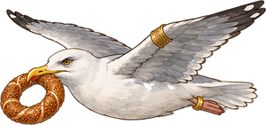 The Simit Gull, a grey and white gull with a sesame bread ring in its beak