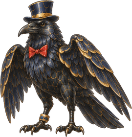 The Tower Raven in a top hat and red bow tie