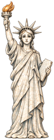 The Statue of Liberty, her torch raised