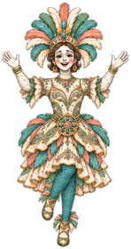 The Samba Dancer in a feathered headdress, arms raised