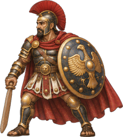 The Freed Gladiator, with a crested helmet, a shield and a wooden sword