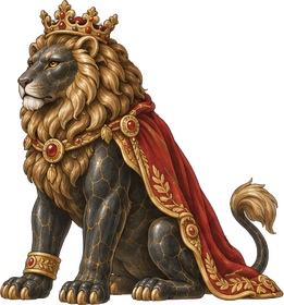 The Capitoline Lion, a dark lion in a red cloak and crown