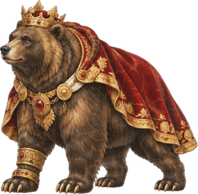 Monarch, a crowned grizzly bear in a red cape