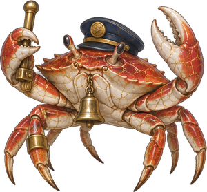 The Gripman, a red crab in a conductor's cap, ringing a brass bell