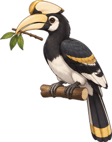 The Great Hornbill, a black-and-white hornbill on a branch, its yellow casque high