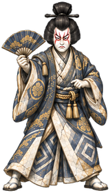 The Kabuki Actor in a patterned robe, a fan raised