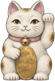 The Lucky Cat, one paw raised, holding a gold coin