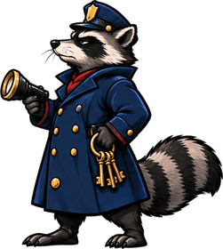 The Raccoon Night-Watchman, in a blue coat and cap, with a spyglass and a ring of keys